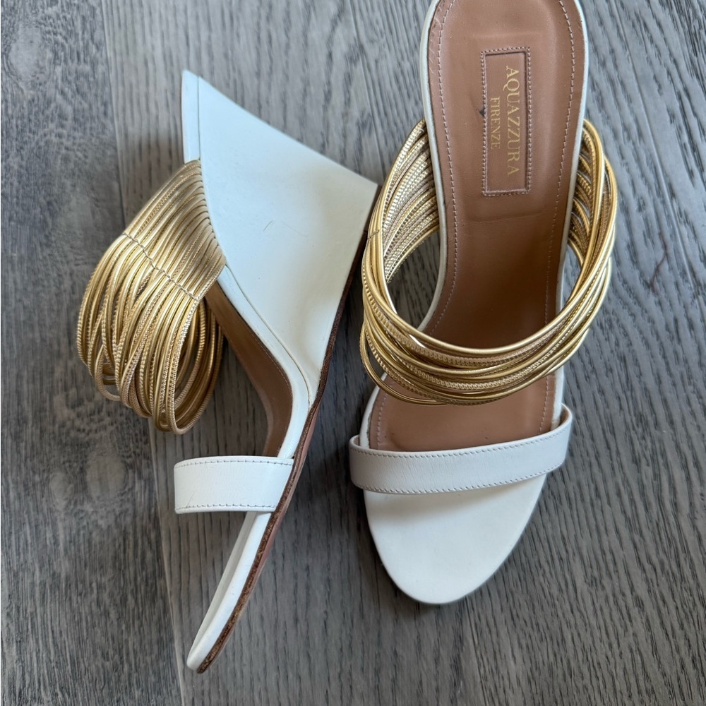 Aquazzura Italy Rendez Vous White and Gold Banded Wedge Sandals - Picture 3 of 9